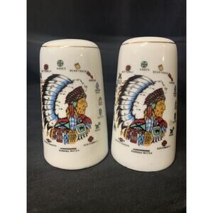 Fairway Native American Salt & Pepper Shakers w Chief Running Water and Symbols
